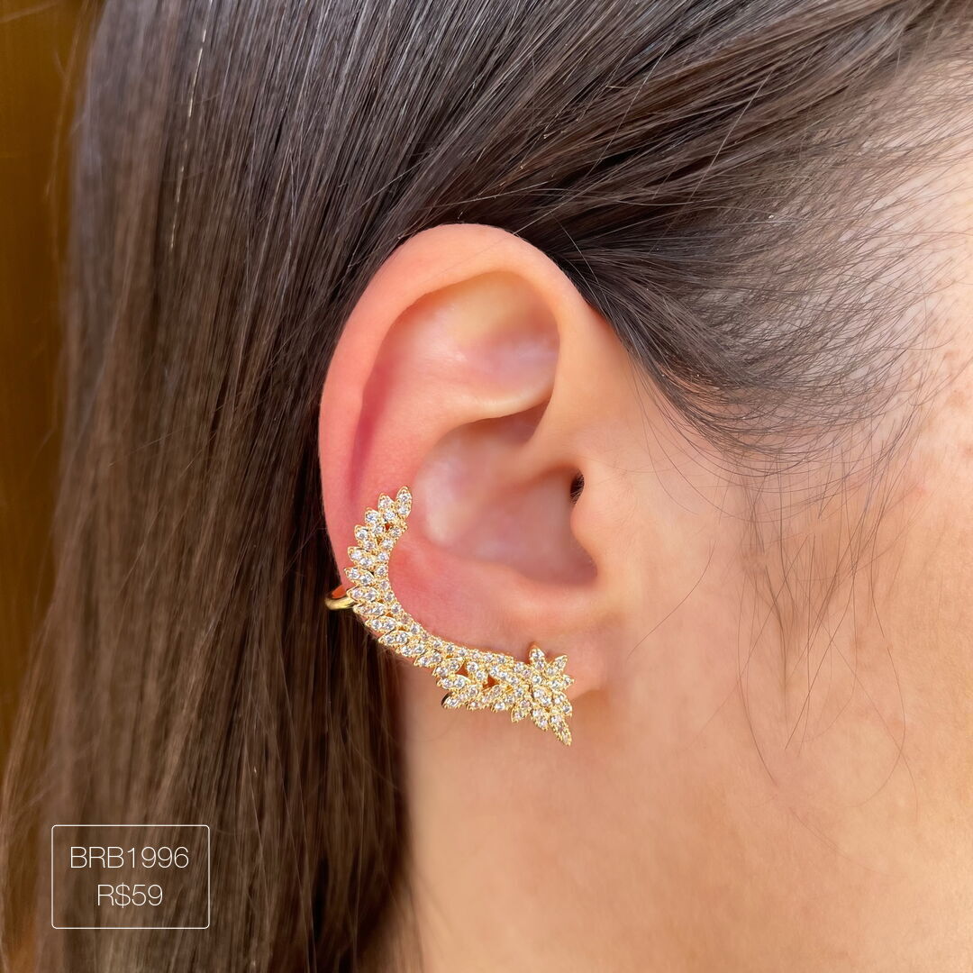 Brinco Ear Cuff Mini Cravejado Delicado Cristal Dourado